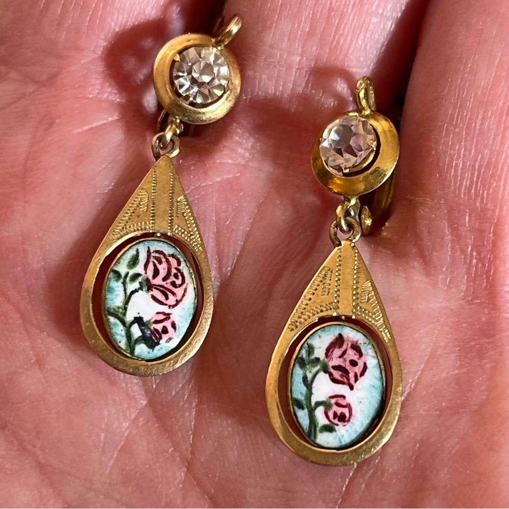 Antique Victorian gold Fill Art Nouveau Hand Painted Flowers Dangle Earring - Picture 3 of 13